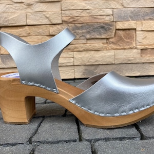 Silver Clogs with Wooden Heel | Women's Summer Sandals, Boho Wedding Shoes, Adjustable Strap image 4