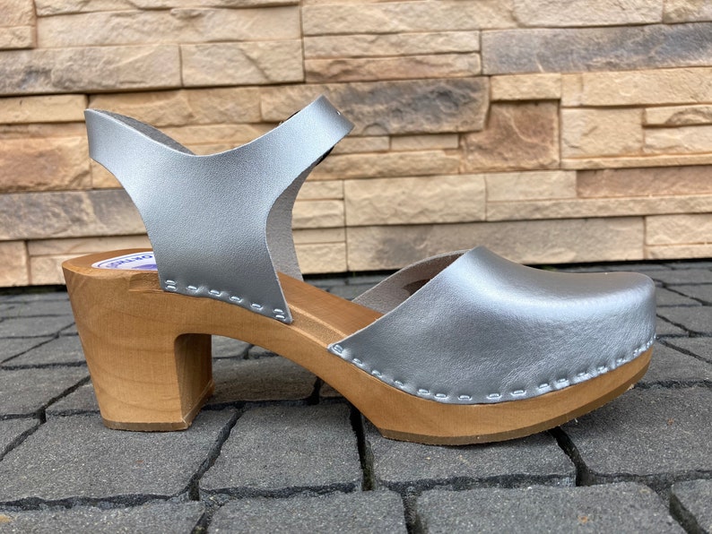 Silver Clogs with Wooden Heel | Women's Summer Sandals, Boho Wedding Shoes, Adjustable Strap image 4