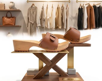Brown Leather Clogs for Women | Wooden Slide-On Summer Sandals, Eco-Friendly Outdoor Footwear