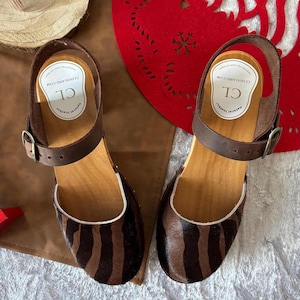 Black and Brown Cowhide High Heel Clogs: Crazy Horse Leather Ankle Strap, Wooden Sole