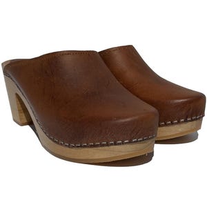 Vintage Style Brown Leather Clogs: Swedish Wooden Platform Mules