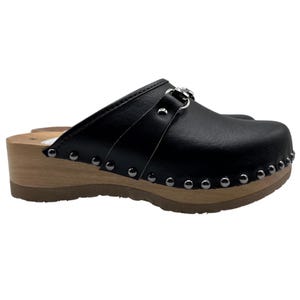 Black Leather Platform Clogs for Women with Decorative Bracelet | Handmade Wooden Mules | Clogsland
