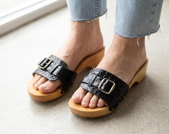 Women's Buckle Clogs in Black Crocodile Leather with Wooden Sole