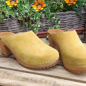 Handmade Clogs with Mustard Leather and Wooden Heel, Swedish Style