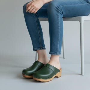 Swedish Wooden Clogs, Green Leather Slip-On Shoes for Women