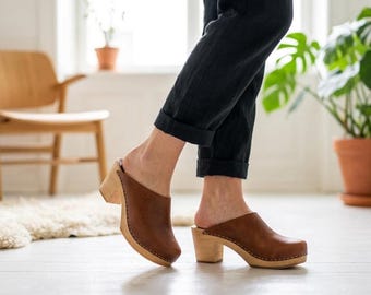 Brown Nubuck Swedish Clogs, Wooden Platform Sole and Leather Uppers