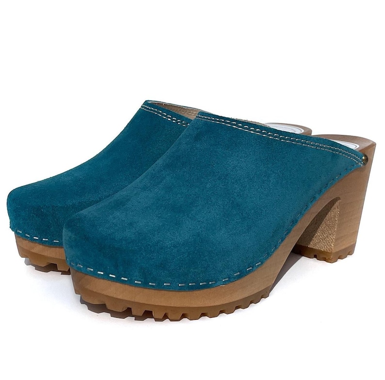 Blue Suede Wooden Clogs for Women – Handmade Heeled Clogs, Scandinavian Style, Comfortable Leather Mules
