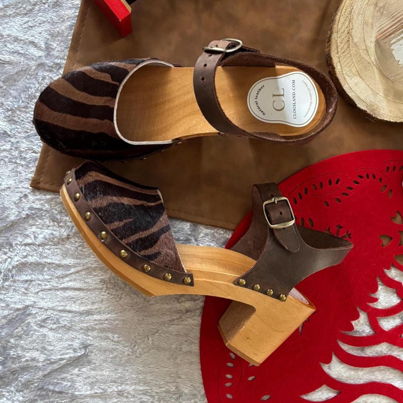 Black and Brown Cowhide High Heel Clogs: Crazy Horse Leather Ankle Strap, Wooden Sole