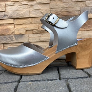 Silver Clogs with Wooden Heel | Women's Summer Sandals, Boho Wedding Shoes, Adjustable Strap image 3