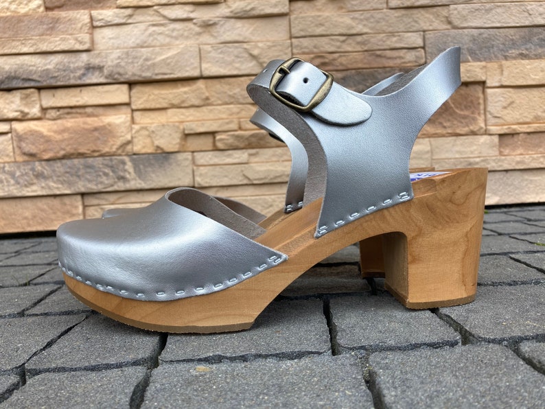 Silver Clogs with Wooden Heel | Women's Summer Sandals, Boho Wedding Shoes, Adjustable Strap image 3
