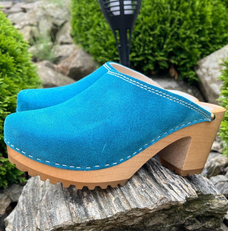 Blue Suede Wooden Clogs for Women – Handmade Heeled Clogs, Scandinavian Style, Comfortable Leather Mules