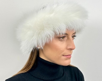 Diadema de piel de zorro blanca: calentador de cuello cálido y esponjoso