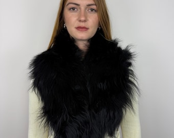 Black Sheepskin Collar, Genuine Sheepskin Fur Collar, Black Fur Scarf