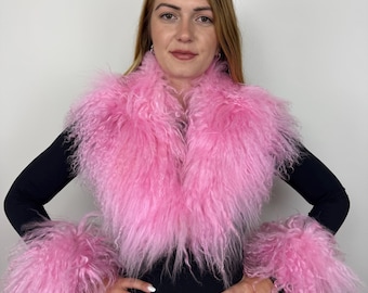 Pink Mongolian Lamb Collar, Tibetan Lamb Scarf, Luxury Winter Shoulder Wrap, Genuine Lambskin Collar