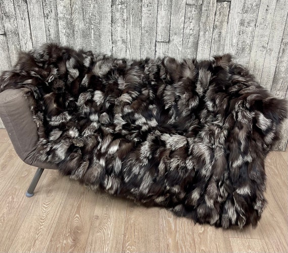 Silver fox fur blanket throw, real fur blanket, warm home decor, fluffy fur throw