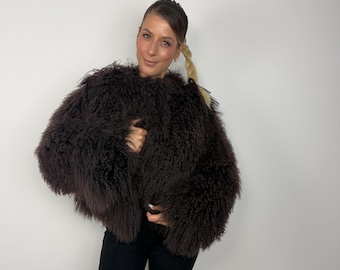 Brown Mongolian Lamb Fur Jacket, Genuine Curly Sheepskin Coat, Handmade Luxury Winter Outerwear