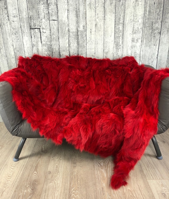 Red fur blanket throw, fluffy genuine fur blanket, real fur blanket bedspread