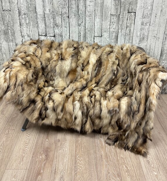 Luxury crystal fox fur blanket throw, real fur blanket, cozy and fluffy genuine fur blanket