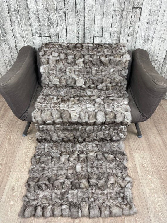 Luxury blue fur blanket fox patchwork throw rug, cozy and fluffy genuine fur blanket