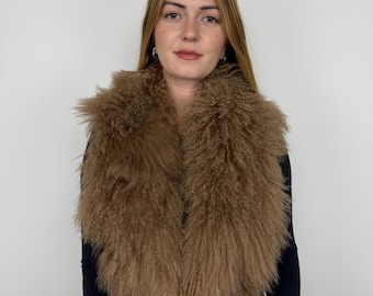 Warm Brown Mongolian Lamb Stole, Taupe Tibetan Lamb Scarf, Luxury Shoulder Wrap, Collar Winter Accessory