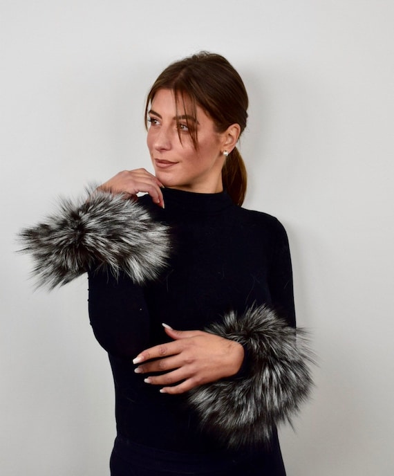 Silver Fur Cuffs, silver fox cuffs, real fur cuffs, fluffy fur cuffs, wrist warmers