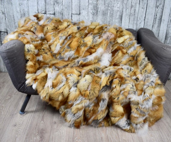 Luxury red fox fur blanket throw, real fur blanket, fluffy genuine fur blanket, fur bedspread