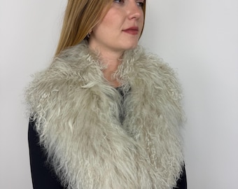 Ivory Cream Mongolian Lamb Collar, Tibetan Lamb Scarf, Genuine Beige Lambskin Collar