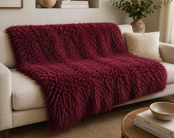 Burgundy Tibetan Lamb Throw, Fluffy MongolianSheepskin Blanket for Sofa & Bed, Luxury Home Decor