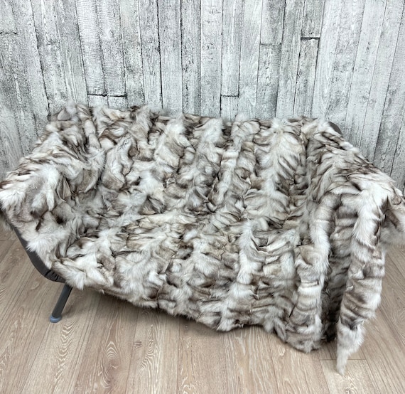 Luxury blue fur blanket throw rug fox patchwork, cozy and fluffy genuine fur blanket