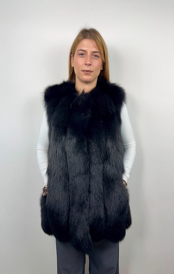 Luxury Black Fur Vest, Genuine Fur Fox Vest, Real Fox Fur Vest, Elegant Fur Vest