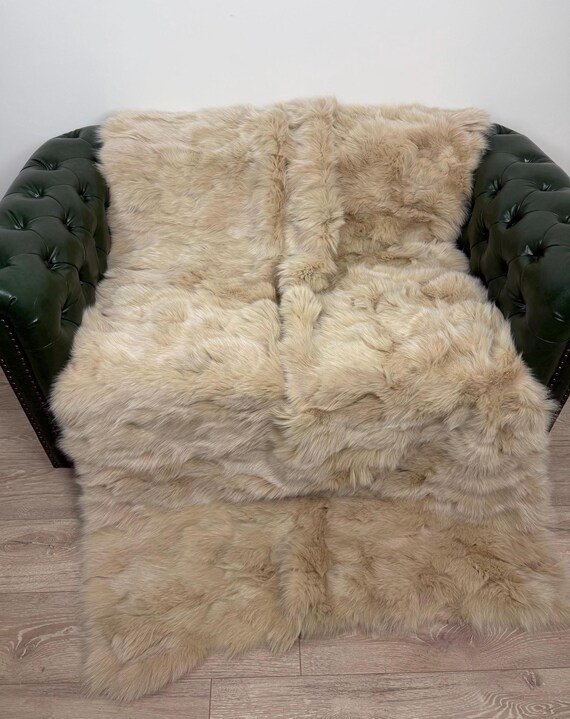 Beige Fox Fur Blanket Throw – Real Fur Throw, Fluffy Bedspread, Luxurious Sofa or Bed Decor