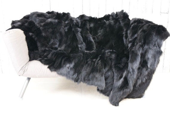 Luxury black fox fur blanket throw, fluffy genuine fur blanket