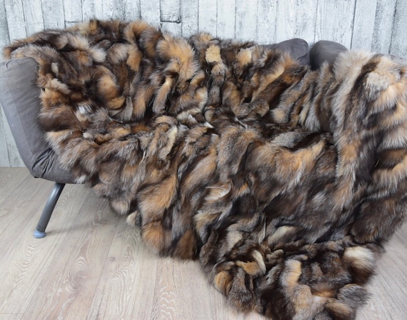Luxury Real Crystal Fox Fur Blanket Throw – 100% Genuine Natural Fur – Soft Warm Sofa or Bed Decor