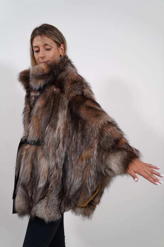 Luxury Crystal Fox Fur Cape: Real Fur Jacket Poncho with Belt