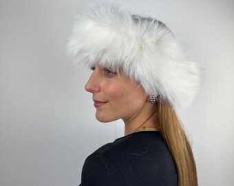 Luxury White Fox Fur Headband - Velcro Closure