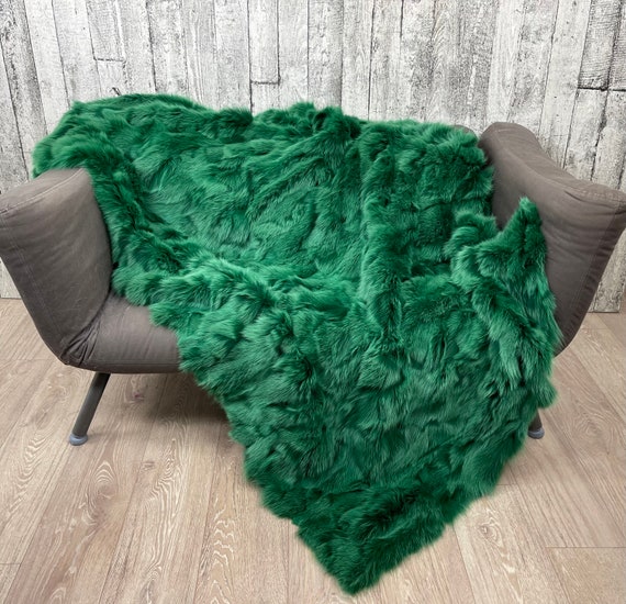 Luxury green fur blanket throw, fluffy fox fur blanket, green fur throw, fur bedspread