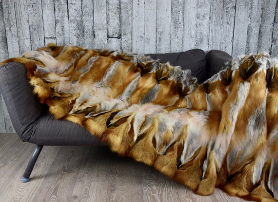 Genuine Red Fox Fur Throw Blanket – Real Fur Luxury Sofa or Bed Decor – Handmade Natural Fur Home Accessory