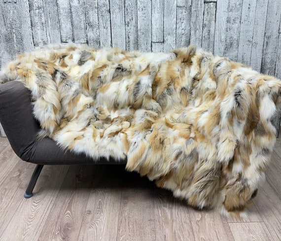 Luxury fox fur blanket throw, cozy and fluffy genuine fur blanket