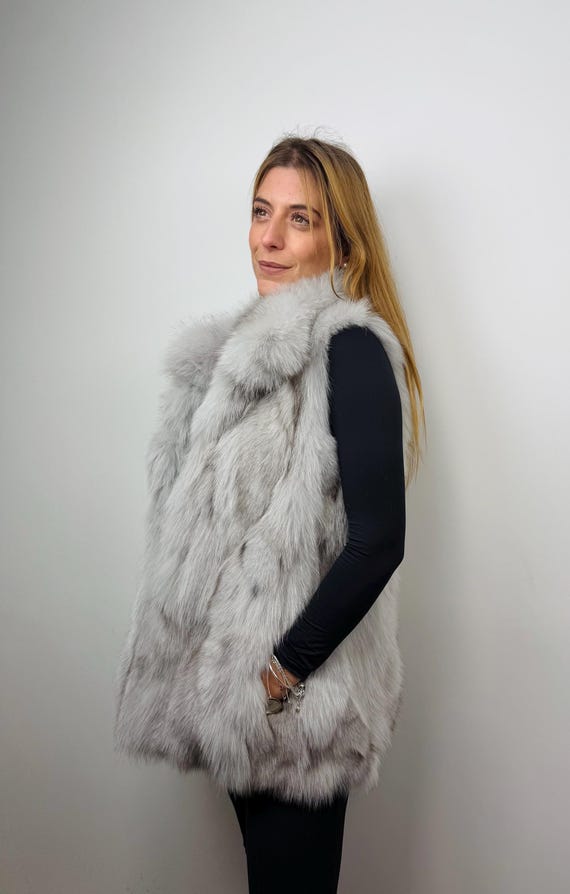 Luxury Gray Real Fox Fur Vest – Genuine Fur Jacket, Fluffy Sleeveless Coat, Elegant Fur Vest