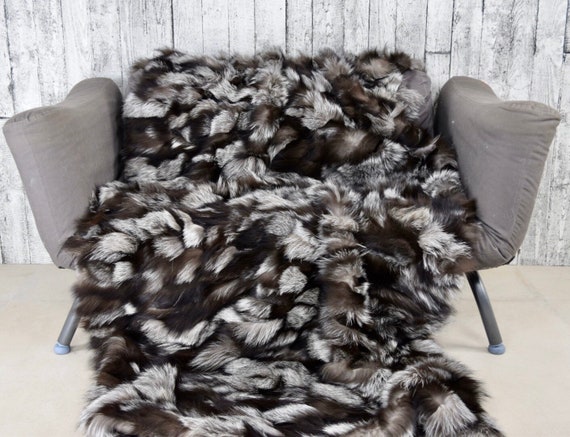 Luxury silver fox fur blanket throw, real fur blanket, cozy fur blanket