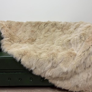 Luxury Beige Fox Fur Blanket: Handmade Fluffy Bedspread, Sofa Throw