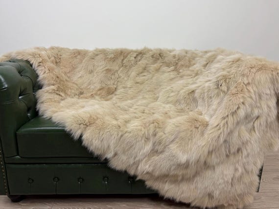 Luxury Beige Fox Fur Blanket Throw – Real Fur Throw, Fluffy Bedspread, Sofa or Bed Decoration
