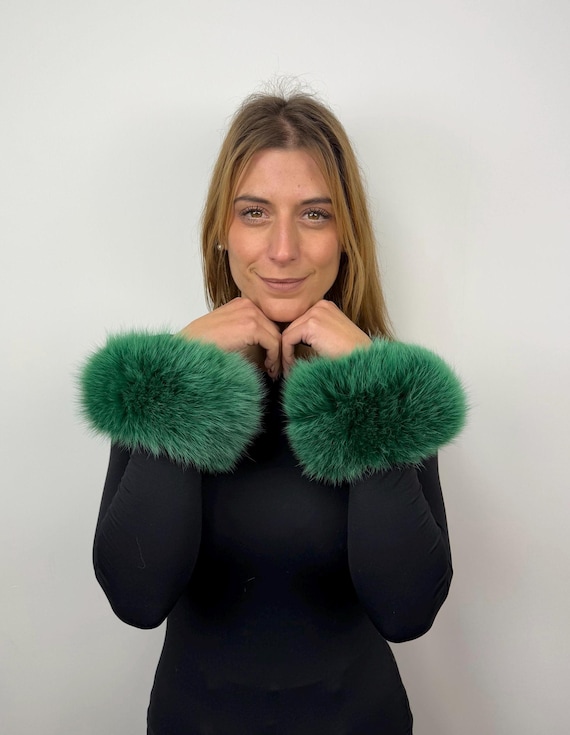 Green Fur Cuffs, Real Fur Cuffs, Fluffy Fur Cuffs, Wrist Warmers