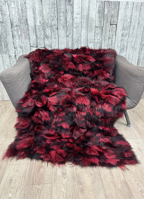 Luxury fox fur blanket throw, fluffy fox fur blanket, elegant fur throw, red fur bedspread