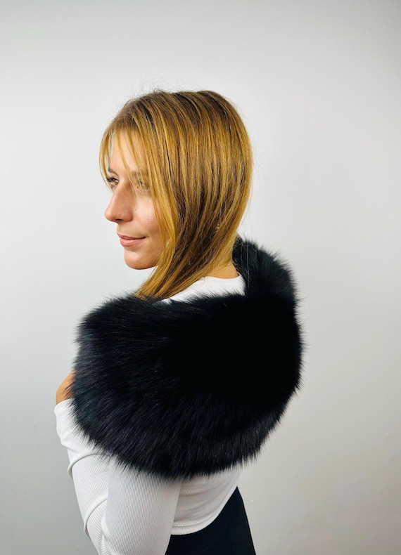 Black Real Fox Fur Collar – Luxury Fur Wrap, Genuine Fur Shawl, Elegant Winter Accessory