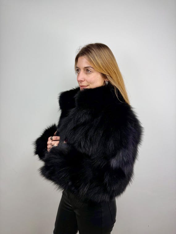 Elegant Black Fur Jacket, Genuine Fur Fox jacket, Real Fox Fur, Luxury Black Fur jacket