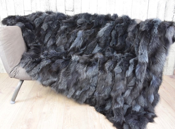 Real fox fur blanket throw, cozy and fluffy fur blanket, gray fur blanket bedspread