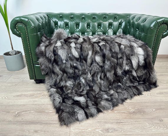 Luxury Silver Fox Fur Blanket Throw – Real Fur Sofa Throw, Genuine Silver Fur Throw, Handmade Blanket