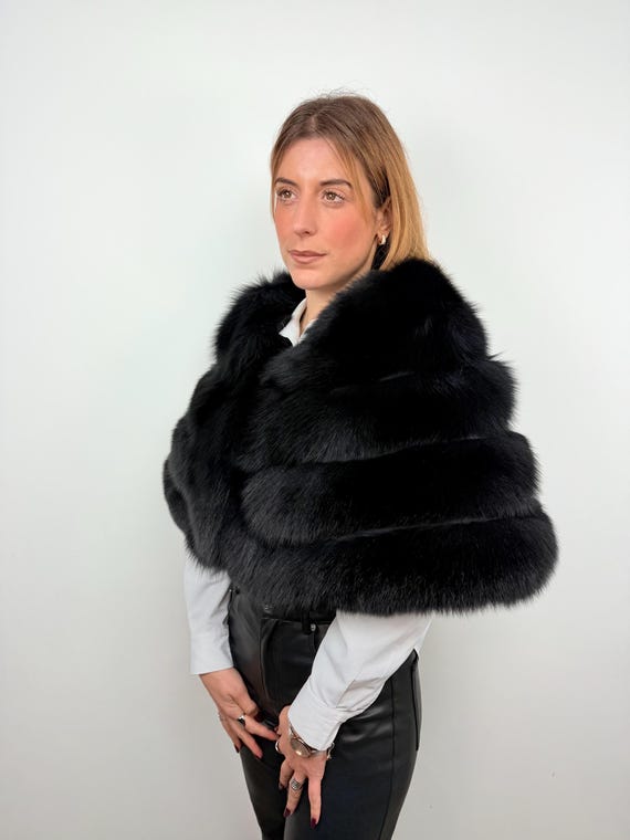 Black Fox Fur Shawl – Saga Fox Wrap, Luxury Fur Stole, Real Fur Capelet, Evening Fur Accessory