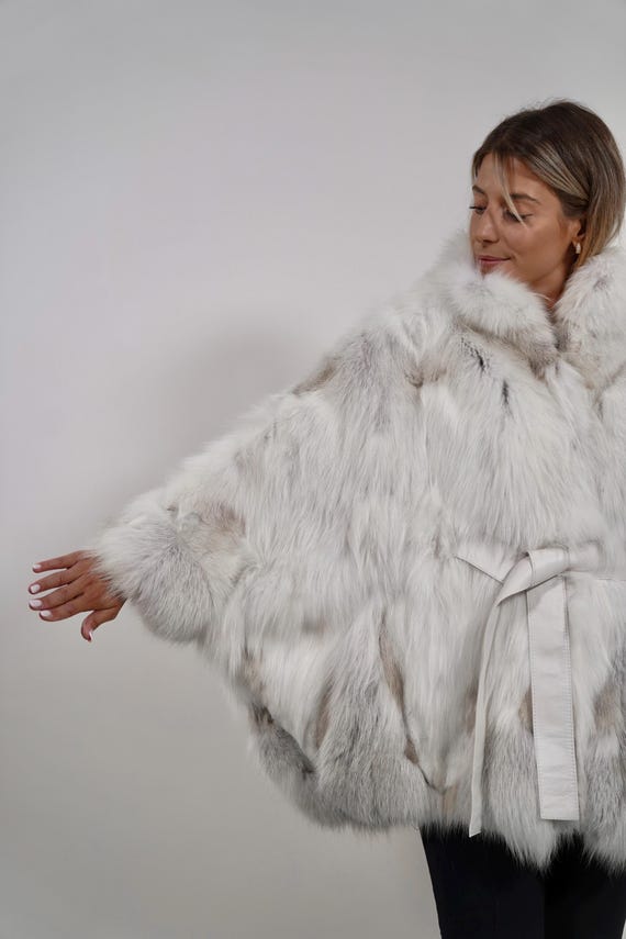 Luxury Ivory Cream Fur Cape: Real Off White Fox Fur Jacket Poncho with Belt